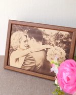 3rd wedding anniversary gift idea, custom engraved framed picture, leather engraving, unique gift.Engraved photograph on real leather